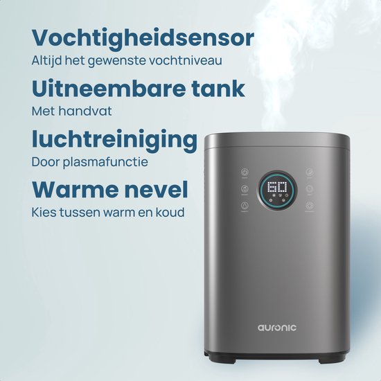 Auronic Luchtbevochtiger - 4 Liter - 40m2 - Geschikt voor Woonkamer, Kantoor, Slaapkamer, Babykamer en Meer - Met Aromatherapie - BPA-Vrij - Grijs