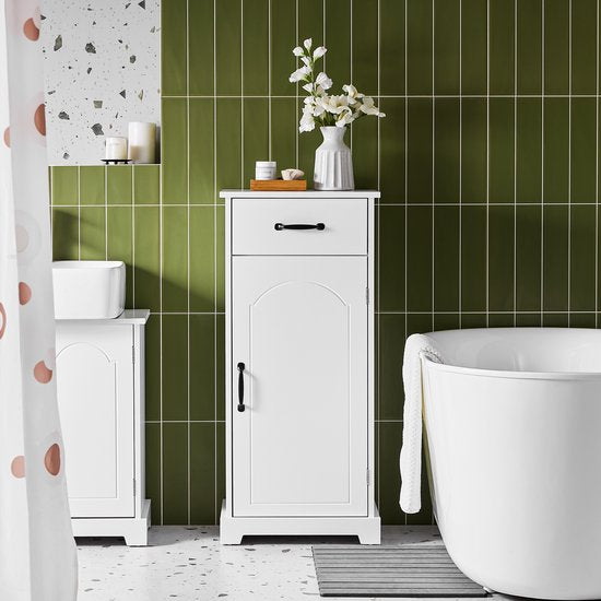 SoBuy Badkamermeubel, kleine opbergkast met lade, badkamerzuil van hout, toiletkast, vochtbestendig, wit, 42 x 30 x 93 cm, BZR207-W