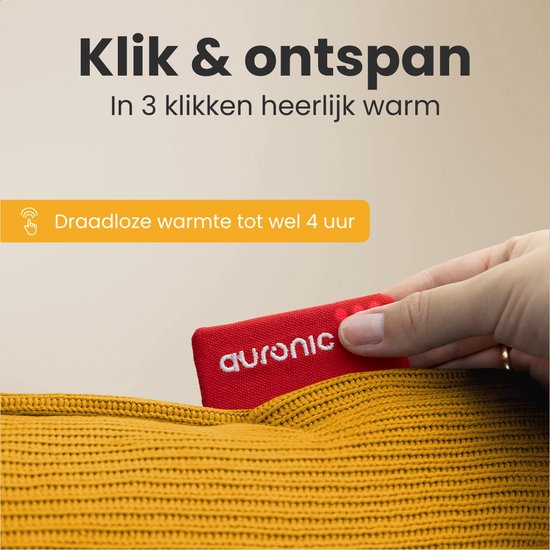 Auronic Warmtekussen - Gebreid - 45x45 - Draadloos - Oplaadbaar - Elektrisch kussen - Infrarood - Geel