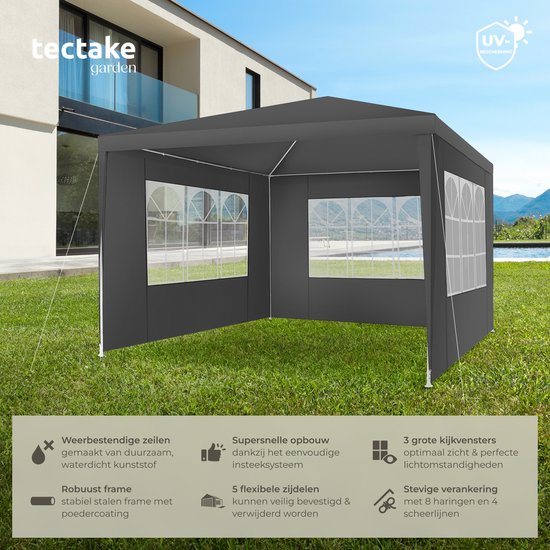 Tectake Partytent - Paviljoen - Opvouwbaar - Met Zijwanden - Waterdicht - 300 x 300 cm – Grijs
