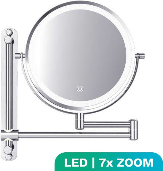 Mirlux Make Up Spiegel met Led Verlichting - Oplaadbaar - 7X Vergroting - Vergrootspiegel met Licht - Scheerspiegel - Badkamerspiegel - Chroom