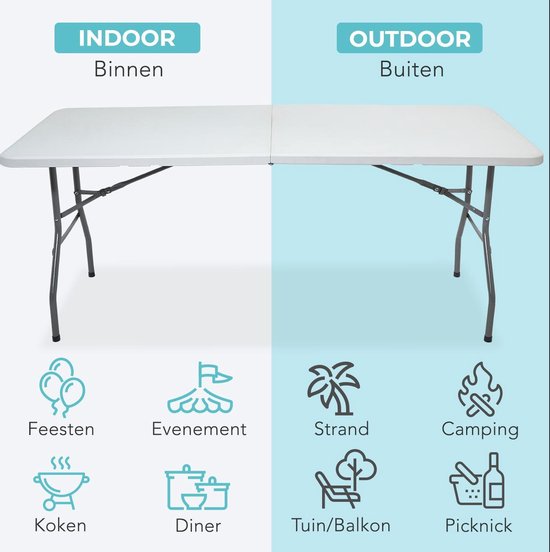 LifeGoods Inklapbare Tafel - 70x180cm - Verstelbare en stevige Klaptafel - Weerbestendig - Vouwtafel voor Buiten - Wit