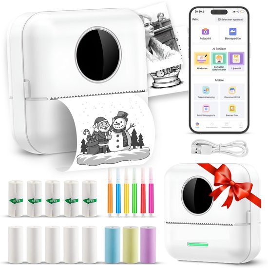 Ilona Mini printer voor mobiel - Pocket printer - Premium Mini Fotoprinter - Draagbare Smartphone Printer - Mobiele fotoprinter - Sticker printer - Incl. 5 Rollen Zelfklevend Papier + 5 Rol Wit Papier + 3 Rollen Gekleurd Papier + 5 Pennen