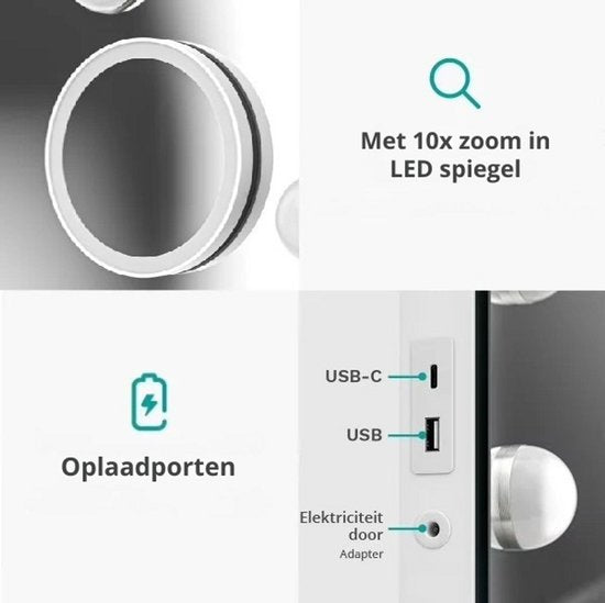 Mirlux Grote Hollywood Spiegel 80x60CM - LED Verlichting - USB & USB-C oplaadpoorten - Make Up - Wit