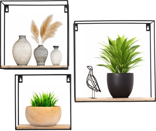 Happy Goods® Wandrek Industrieel - Set van 3 - Vierkant Wandrek - Zwart - Wandrekken