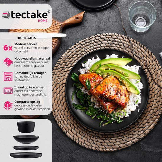 tectake® Serviesset Una - 24-delig - Aardewerk 6 personen - Stijlvol, duurzaam en ideaal voor dagelijks gebruik of feestelijke gelegenheden - Grote en kleine borden, kommen/schaaltjes - mat zwart