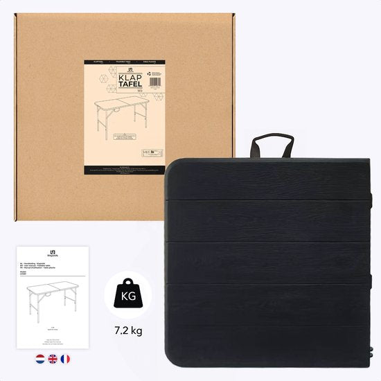 LifeGoods Inklapbare Tafel - 124x61,5 cm - Stevige Klaptafel - Weerbestendig - Inklapbare eettafel - Campingtafel - Vouwtafel voor Binnen en Buiten - Zwart houtnerf