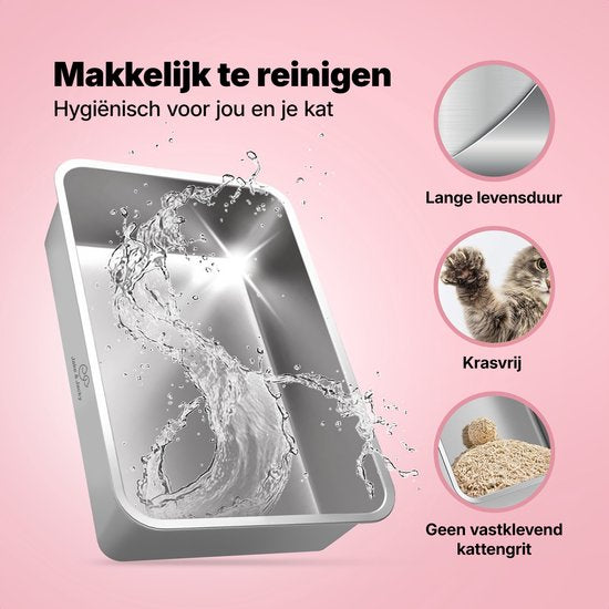 Jake and Jacky RVS Kattenbak - Kattentoilet Roestvrijstaal - Open Kattenbak - Incl. Kattenbakschep met Houder en Gritopvang Opstapje - 60x40x30cm