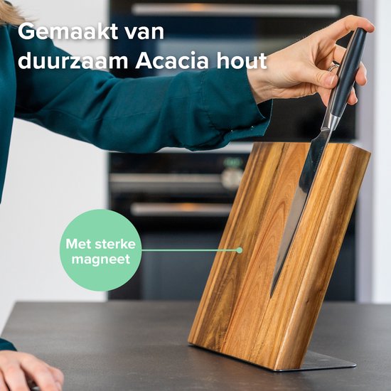 Groot Houten Messenblok Magnetisch Coninx Quin XL 27.5x27.5CM | Messenmagneet zonder messen | Messenhouder | Antislip - RVS-Acacia hout.