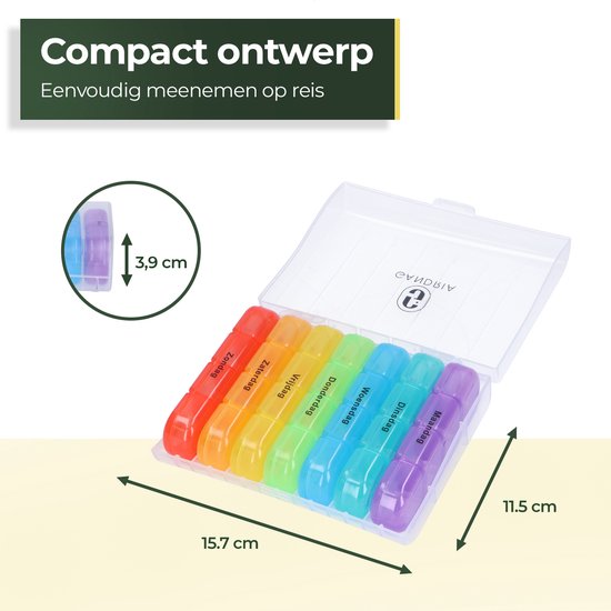 Gandria Pillendoos 7 Dagen - Uitneembaar Pillendoosje - Medicijndoos met 28 Compartimenten - Medicijndoos met Stevige Sluiting - 4 Vakken per Dag - 7 Kleuren