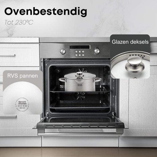 Savoré Kitchen 8-delige RVS Pannenset - Kookpannen met Glazen Deksel - Inductie Pannen - Afgietrand, Maatverdeling en Schenktuit