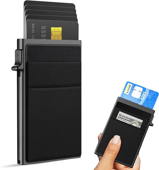 Pasjeshouder voor 10 pasjes - Veilig - Uitschuifbaar - RFID bescherming - Kaart - Portemonnee - Aluminium - Heren - Voor mannen en vrouwen - Pasjes houders - Zwart