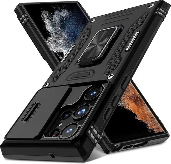 Podec Hoesje met Screenprotector - Geschikt voor Samsung Galaxy S23 Ultra - Zwart Telefoonhoesje - Anti-Shock Case - Hybrid Armor Hoes met Kickstand Ring
