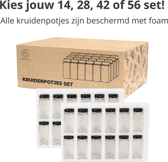Organess 28 Glazen Kruidenpotjes Vierkant met Zwarte Deksel – 3 Soorten Strooideksels – Kruidenstrooier – Spice Jars – Complete Set incl Kruiden Stickers, Krijtstift en Accessoires – 120ml