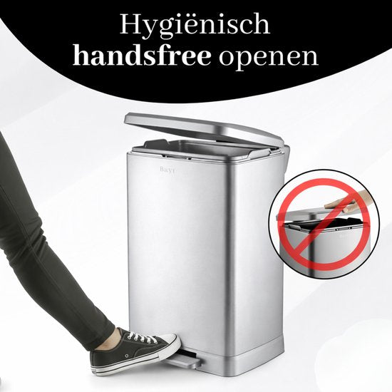 Bayt Prullenbak - Prullenbak 60 Liter - Inclusief 2 rollen vuilniszakken - Vuilnisbak 60 Liter - Pedaalemmer 60 Liter - Afvalbak - RVS - Zilver