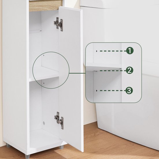 SoBuy BZR151-W Badkamermeubel voor smalle ruimtes, compacte opbergkast met verstelbare plank en lade, voor badkamer, toiletkast van hout, wit, 20 x 20 x 96 cm