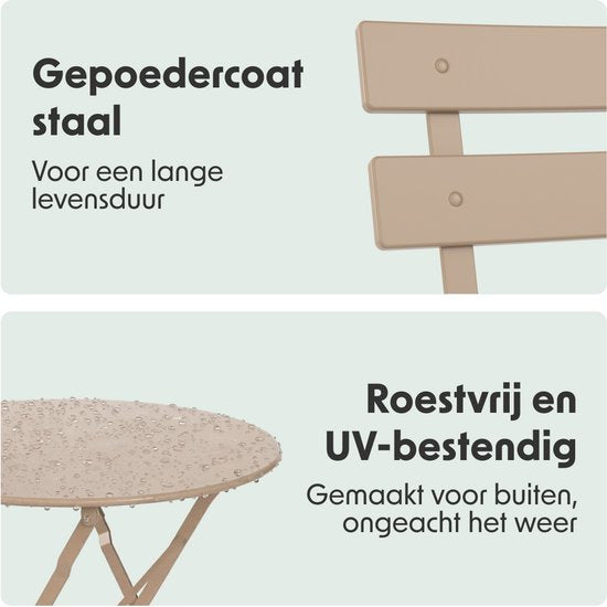 LifeGoods Bistroset - Staal - 3-delig - Tuinset - Inklapbaar - Balkonset met Tafel - Weerbestendig - Taupe