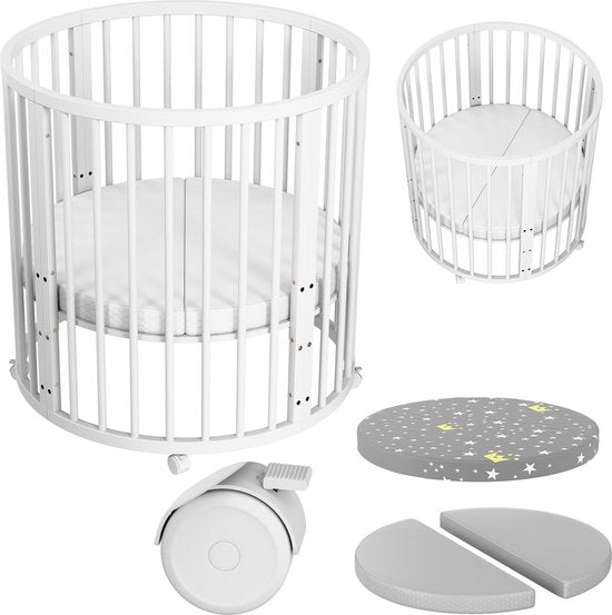 Flowsense Baby Box – Ronde Speelbox Box – Met Matras – Verstelbare Hoogtes – Wielen - Wit