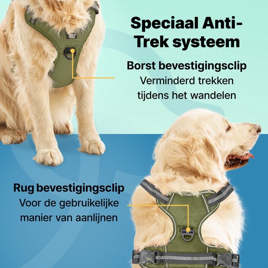 Jake and Jacky Hondentuigje - Anti-Trek Tuig - Hondenharnas - Y Tuig Hond - Reflecterend - Groen - Maat XL