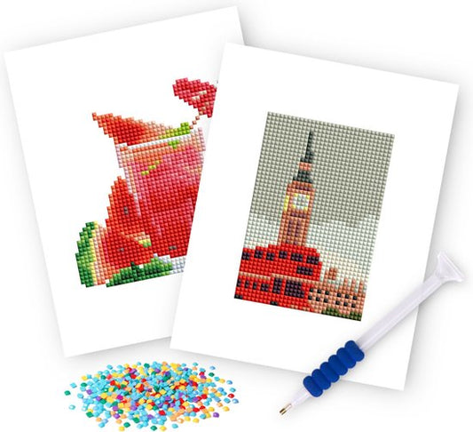 Rubye® Mini Diamond Paintings - 2 stuks - Set - Volwassenen - Diamond Painting Kinderen - Big Ben & Watermeloen Cocktail- 15x20cm