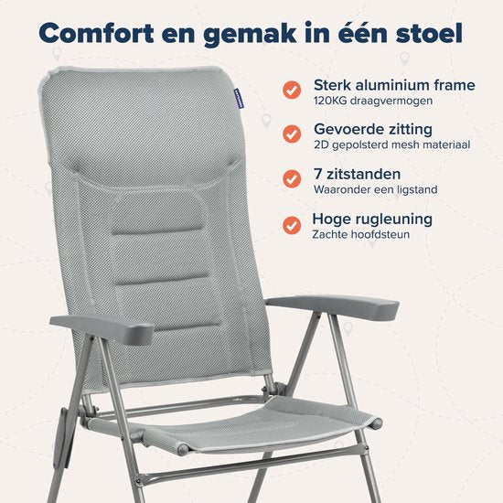 TRVLMORE Campingstoel - 7 standen - Comfortabele Kampeerstoel - 120 kg draagvermogen - Ligstand - Inklapbare stoel - Klapstoel - Grijs