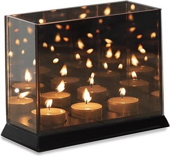 Liva Living – Magic Cube Sfeerlichthouder – 3 Kaarsen & 20 x 9 x 15 cm – Voorzien Van Tinted Mirror Glass En Oneindig Reflectie-effect – Voor Binnen En Buiten – Zwart Glas En Mdf