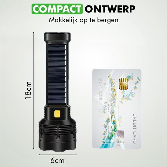 Travelhawk Zaklamp - Zaklamp Led - Zaklamp Militaire - Zaklamp op Batterijen - 1000 Lumen - Zonnepaneel - Waterproof - Zwart