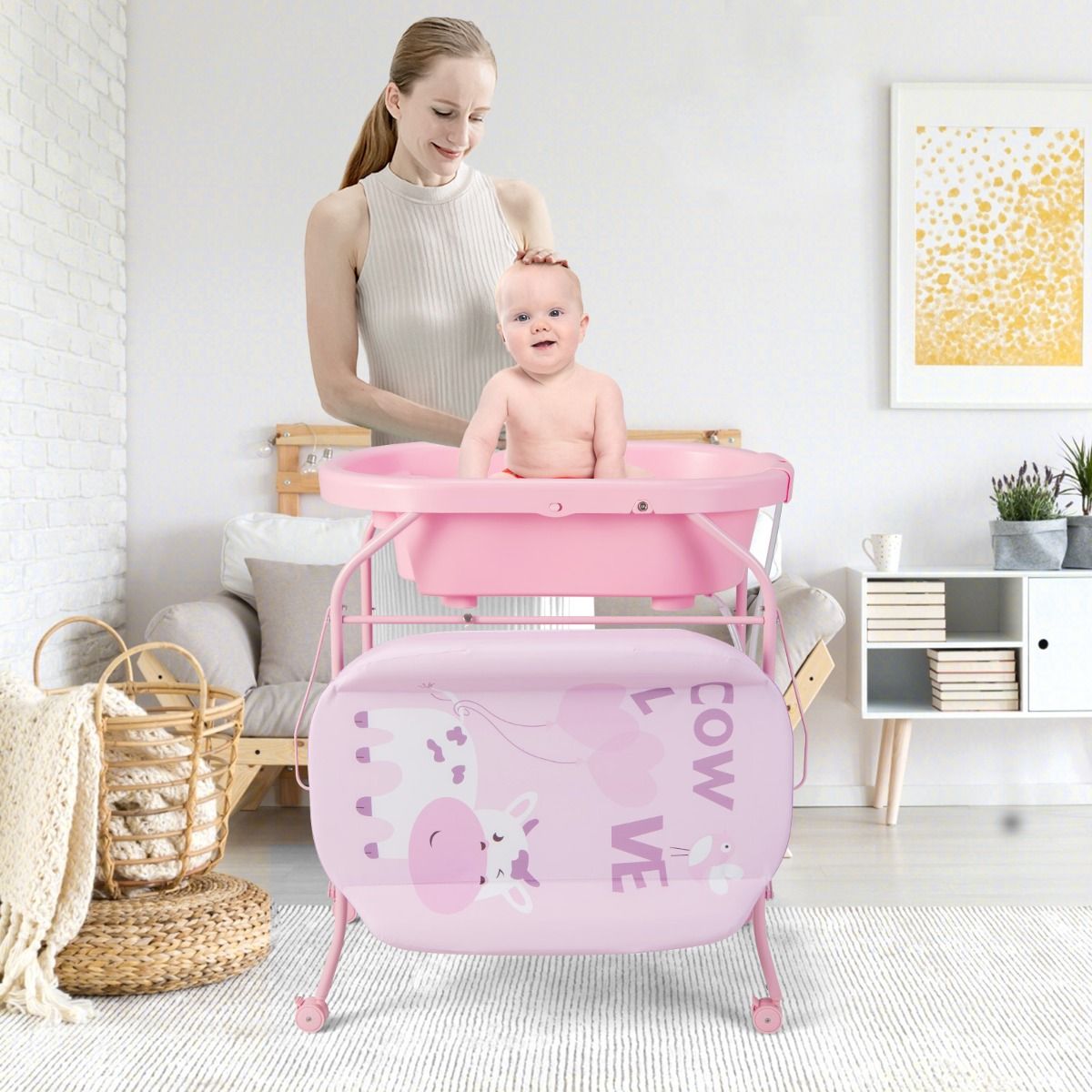 Coast 4-in-1 Opvouwbare Verschoontafel met Bad en Wielen - Roze - 86 x 50 x 100 cm