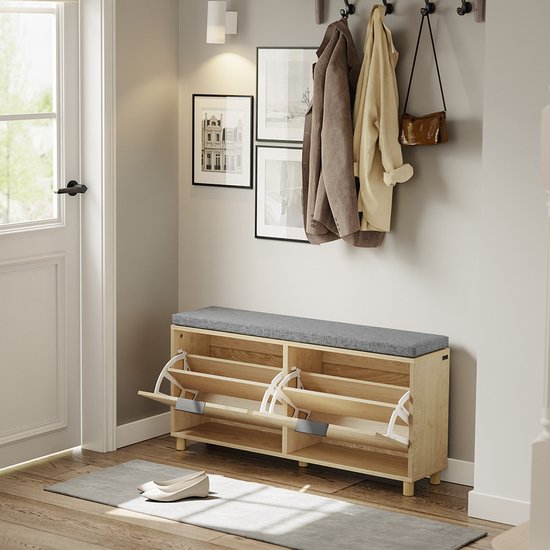 SoBuy - Schoeiselbank met opbergruimte - Licht eiken - 100x24x50 cm - 2 deuren - Max. belasting 237 kg