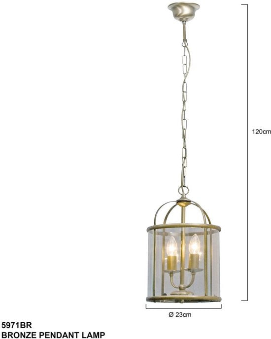 Hanglamp Pimpernel 5971BR Brons Ø23 cm Klassiek Lantaarn van Steinhauer, Hoogte instelbaar, Glas en Metaal, Voor binnengebruik