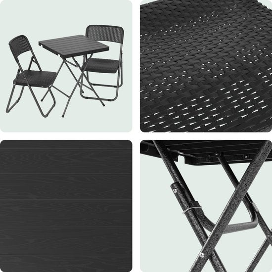 LifeGoods Bistroset - 3-delig - Inklapbaar - Rattan Look - Tuinset met Bijzettafel - Zwart - 200kg Draagkracht - Weerbestendig