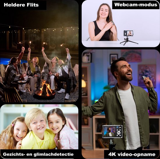 K&L Digitale Camera 4K - Fototoestel - Fotocamera - Compact Camera - Vlog Camera - Voor Kinderen - Inclusief 64GB - NL Software