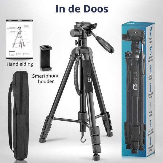 Studio ME Telefoon Statief - 179 cm - Camera Statief - Zwart - Monopod - Tripod Smartphone - Telefoonhouder - Tripod Iphone - Statief Telefoon / Camera / DSLR
