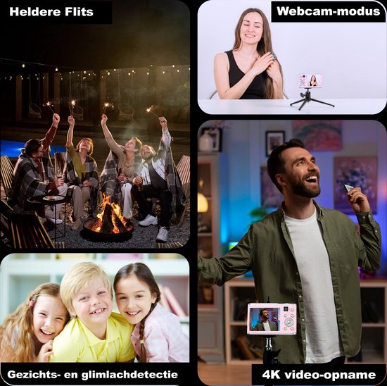 K&L Digitale Camera 4K - Fototoestel - Fotocamera - Compact Camera - Vlog Camera - Voor Kinderen - Inclusief 64GB - NL Software - Roze