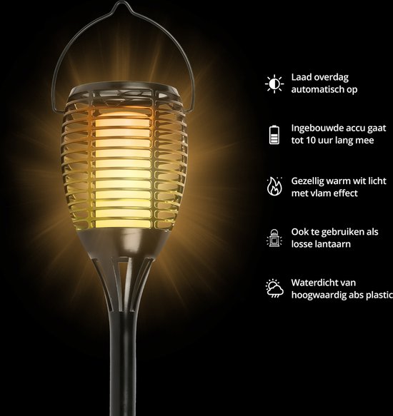 FlinQ Torch - Solar Tuinfakkels - Tuinverlichting op zonne-energie - Solar tuinverlichting - Tuinlantaarns - Padverlichting - 2-pack - Zwart