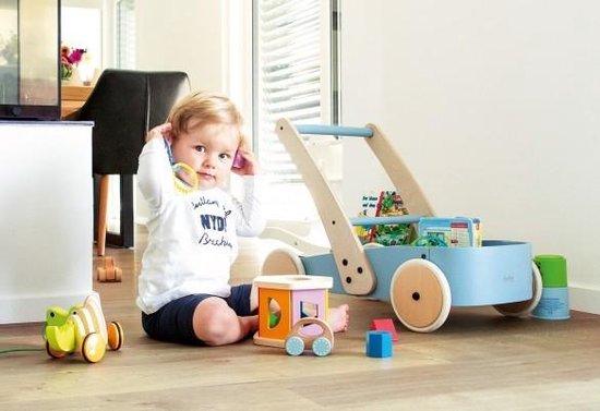 Houten Loopwagen - Massief Beukenhout in Pastelblauw en Blank Gelakt - Leuk cadeau voor Sinterklaas of Kerst