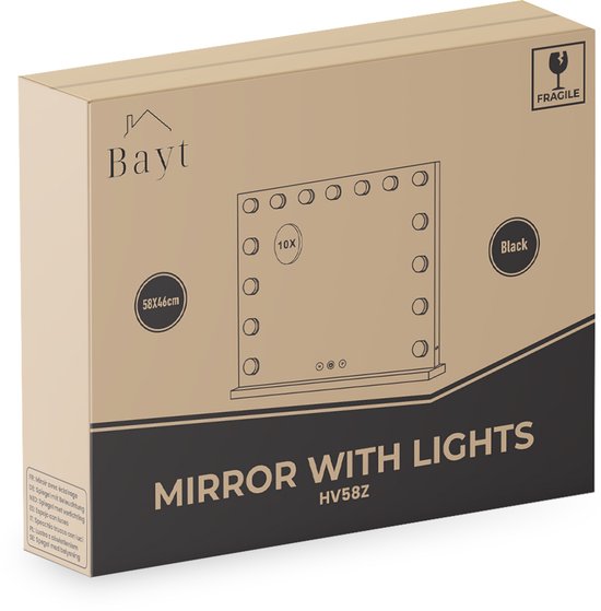 Bayt Hollywood Spiegel met verlichting - Make Up Spiegel met Verlichting - Spiegel Met Verlichting - Dimbaar - 10x Vergroting - 58x46cm - Zwart
