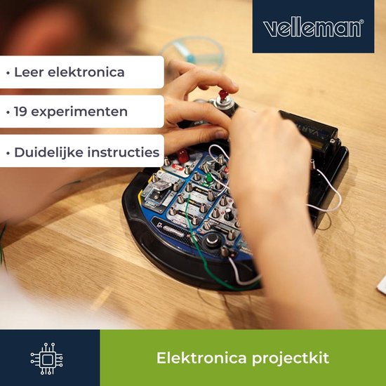 Velleman Elektronische projectenkit voor kinderen vanaf 8 jaar, verken de basisprincipes van elektronica met 18 spannende experimenten, leerzaam en interactief speelplezier, led, ventilator en geluid