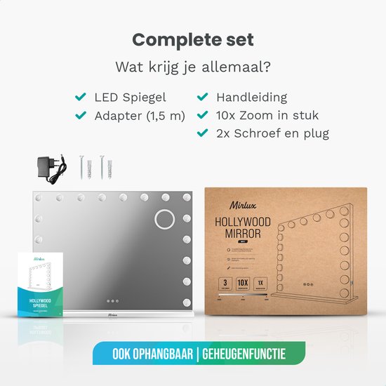 Mirlux Grote Hollywood Spiegel 80x60CM - LED Verlichting - USB & USB-C oplaadpoorten - Make Up - Wit