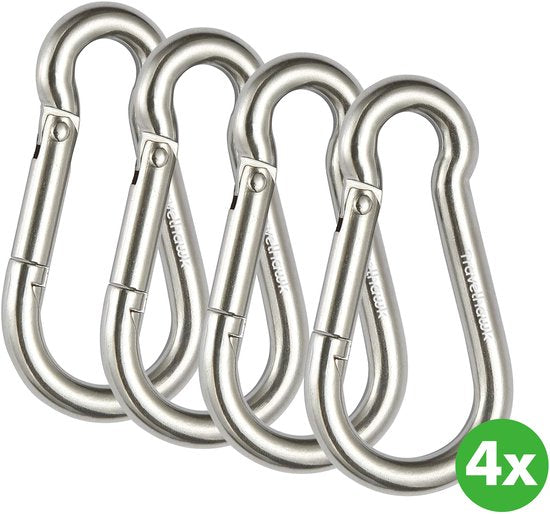 Travelhawk Karabijnhaak - Musketonhaak met Veerclip - Karabijnhaak Sleutelhanger - 4 Stuks - RVS - Zilver