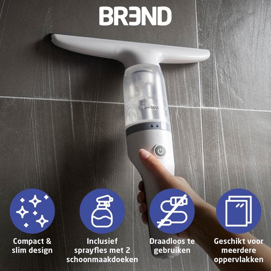 BREND BR-2218 Elektrische Raamwisser en Sprayfles – Ramenwasser met Zuigsysteem voorkomt Lekken - Met Extra Schoonmaakdoek - USB-C-oplaadkabel - Wit