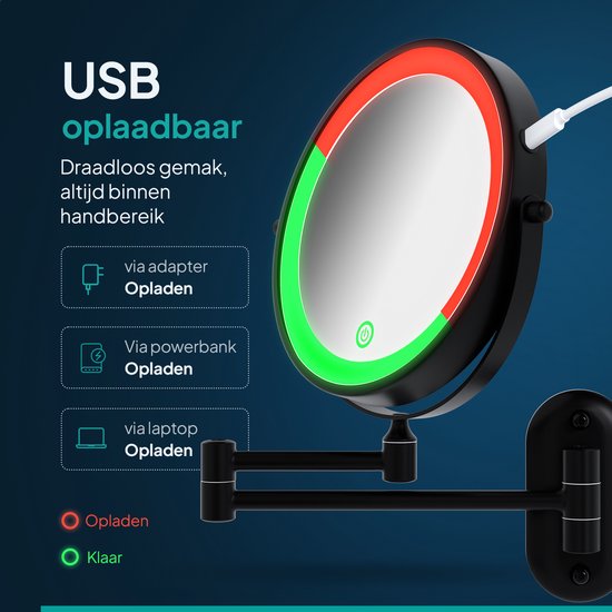 Mirlux Make Up Spiegel met Led Verlichting - Oplaadbaar - 5X Vergroting - Vergrootspiegel met Licht - Scheerspiegel - Badkamerspiegel - Zwart