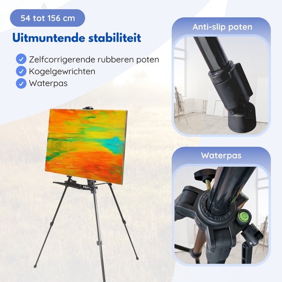 Hilvard - Schildersezel voor Volwassenen - Tafelezel - Veldezel - Verstelbaar - Quick Grip & Release Beugel - Zwart - Geschikt voor Schildersdoeken - Atelierezel - Incl. Opbergtas - 54 cm tot 156 cm