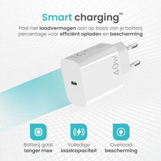 Wurk - Super Snellader Geschikt voor Apple iPhone, iPad & Airpods - 40W Oplader - 2 Meter USB C Kabel - Lader Geschikt voor 15/16 plus/pro