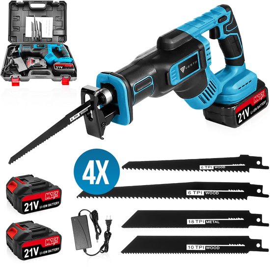 Vesto® Accu Reciprozaag – 21V Li-Ion – Incl. 2 Accu’s, Zaagbladen & Koffer – 25mm Slag – Voor Hout, Metaal & Kunststof – Snelwisselsysteem – Draadloos