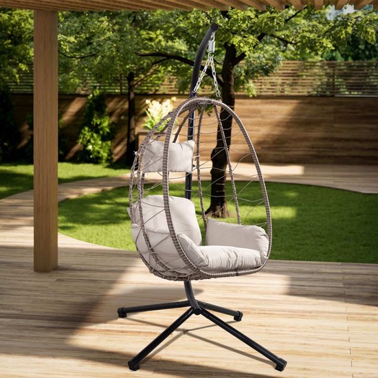Juskys – Aria Hangstoel Met Standaard – 95 x 95 x 196 cm – Voorzien Van Comfortabele Kussens En In Hoogte Verstelbare Ketting – Voor Woonkamer En Terras – Beige Polyrattan En IJzer