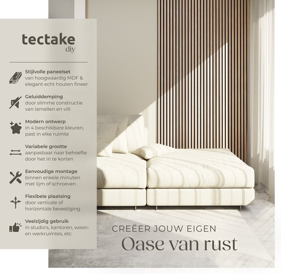 tectake® Akoestische Panelen - Set van 4 - Akoestisch Wandpaneel - 60 x 120 cm - 2,88 m² - Wandpanelen met Aanpasbare Grootte - Lattenwand van MDF en Houtfineer - Geluidsisolatie - Stijlvolle Wanddecoratie - Eenvoudige Montage - Licht Eiken
