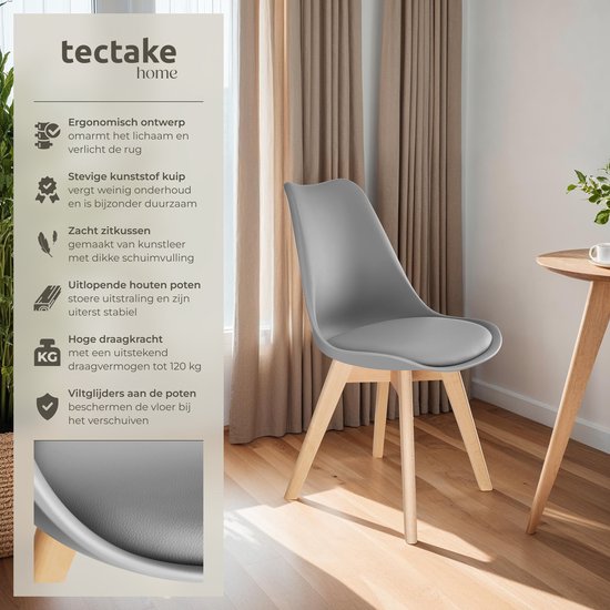 tectake® Eetkamerstoel Frederikke - Set van 4 Eetkamerstoelen met Gevoerde Stoffen Zitting - Massief Houten Poten - Ergonomische Stoelen geschikt voor Woonkamer, Eetkamer, Slaapkamer en Keuken - Draagkracht 120kg - Grijs