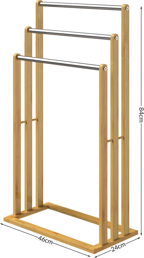 Casaria Handdoekhouder - staand - 3 stangen - bamboe - RVS, 46x24x84cm, bruin