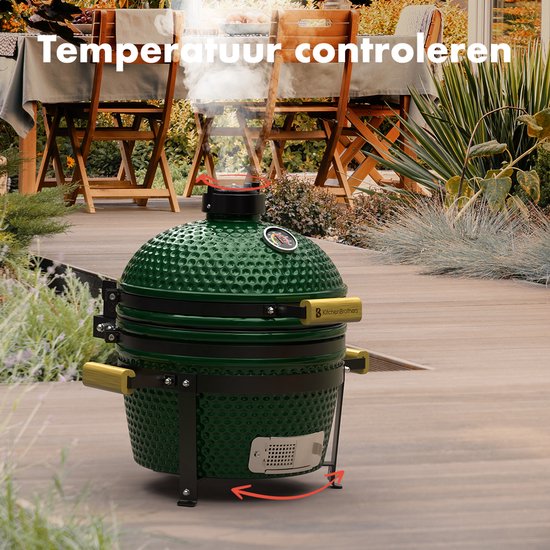 KitchenBrothers Kamado BBQ - 16 Inch Houtskool Barbecue - 34⌀ cm - PFAS-vrij - Deluxe Set - Egg BBQ met Accessoires - Vaderdag Cadeau - Groen